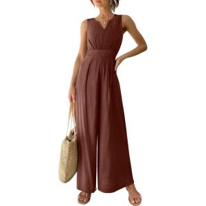 imageANRABESS Jumpsuits for Women Summer Dressy Casual Linen Romper Sleeveless V Neck High Waist Wide Leg Beach Vacation OutfitsBrown Red