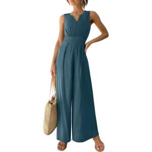 imageANRABESS Jumpsuits for Women Summer Dressy Casual Linen Romper Sleeveless V Neck High Waist Wide Leg Beach Vacation OutfitsLake Blue