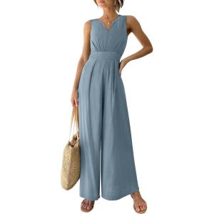 imageANRABESS Jumpsuits for Women Summer Dressy Casual Linen Romper Sleeveless V Neck High Waist Wide Leg Beach Vacation OutfitsLight Blue