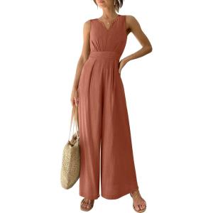 imageANRABESS Jumpsuits for Women Summer Dressy Casual Linen Romper Sleeveless V Neck High Waist Wide Leg Beach Vacation OutfitsOrange