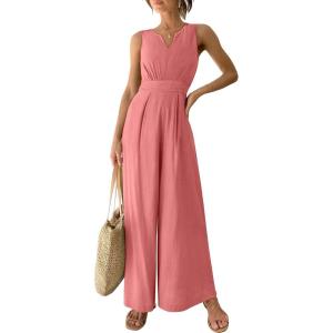 imageANRABESS Jumpsuits for Women Summer Dressy Casual Linen Romper Sleeveless V Neck High Waist Wide Leg Beach Vacation OutfitsPeach