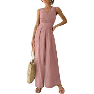 imageANRABESS Jumpsuits for Women Summer Dressy Casual Linen Romper Sleeveless V Neck High Waist Wide Leg Beach Vacation OutfitsPink