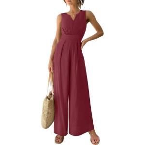 imageANRABESS Jumpsuits for Women Summer Dressy Casual Linen Romper Sleeveless V Neck High Waist Wide Leg Beach Vacation OutfitsRed