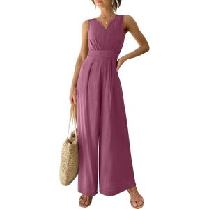 imageANRABESS Jumpsuits for Women Summer Dressy Casual Linen Romper Sleeveless V Neck High Waist Wide Leg Beach Vacation OutfitsRose