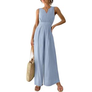 imageANRABESS Jumpsuits for Women Summer Dressy Casual Linen Romper Sleeveless V Neck High Waist Wide Leg Beach Vacation OutfitsSky