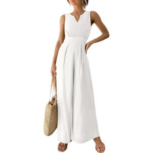 imageANRABESS Jumpsuits for Women Summer Dressy Casual Linen Romper Sleeveless V Neck High Waist Wide Leg Beach Vacation OutfitsWhite