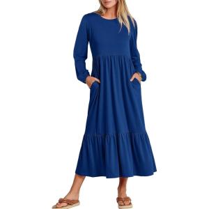 imageANRABESS Long Sleeve Midi Dresses for Women Casual 2025 Fall Crewneck A Line Tiered Flowy Loose Trendy Dresses with PocketsBlue