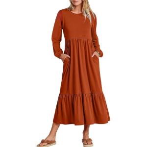imageANRABESS Long Sleeve Midi Dresses for Women Casual 2025 Fall Crewneck A Line Tiered Flowy Loose Trendy Dresses with PocketsBrick Red