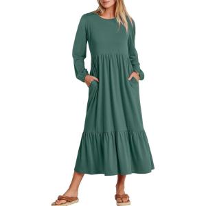 imageANRABESS Long Sleeve Midi Dresses for Women Casual 2025 Fall Crewneck A Line Tiered Flowy Loose Trendy Dresses with PocketsGrass Green