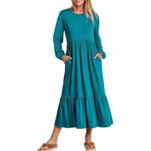 imageANRABESS Long Sleeve Midi Dresses for Women Casual 2025 Fall Crewneck A Line Tiered Flowy Loose Trendy Dresses with PocketsLake Green