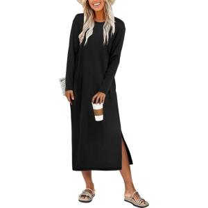 imageANRABESS Long Sleeve Midi Dresses for Women Fall Fashion Casual Vacation Crewneck Loose Split Striped Long Tshirts DressBlack