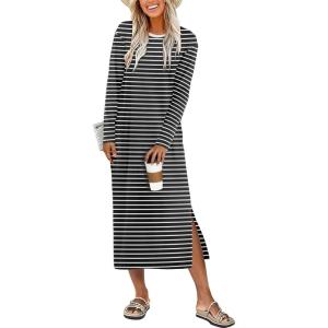 imageANRABESS Long Sleeve Midi Dresses for Women Fall Fashion Casual Vacation Crewneck Loose Split Striped Long Tshirts DressBlack White Stripe