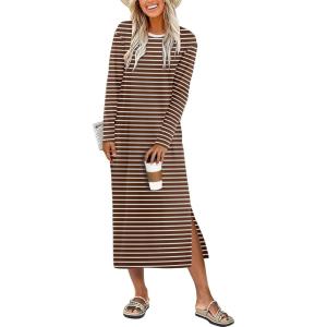 imageANRABESS Long Sleeve Midi Dresses for Women Fall Fashion Casual Vacation Crewneck Loose Split Striped Long Tshirts DressBrown White Stripe