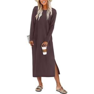 imageANRABESS Long Sleeve Midi Dresses for Women Fall Fashion Casual Vacation Crewneck Loose Split Striped Long Tshirts DressCoffee
