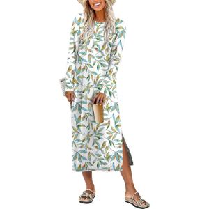 imageANRABESS Long Sleeve Midi Dresses for Women Fall Fashion Casual Vacation Crewneck Loose Split Striped Long Tshirts DressFloral Colorful
