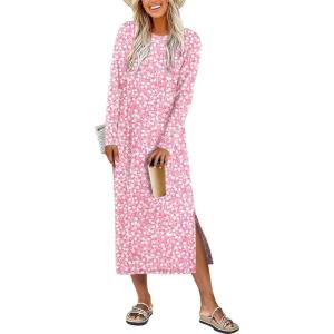 imageANRABESS Long Sleeve Midi Dresses for Women Fall Fashion Casual Vacation Crewneck Loose Split Striped Long Tshirts DressFloral Pink White