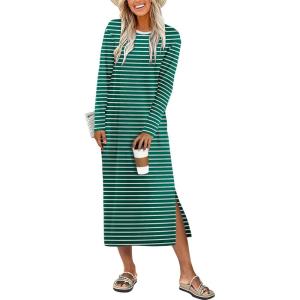 imageANRABESS Long Sleeve Midi Dresses for Women Fall Fashion Casual Vacation Crewneck Loose Split Striped Long Tshirts DressGreen White Stripe