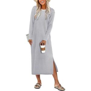 imageANRABESS Long Sleeve Midi Dresses for Women Fall Fashion Casual Vacation Crewneck Loose Split Striped Long Tshirts DressGrey White Stripe