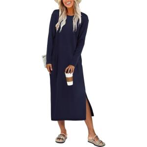 imageANRABESS Long Sleeve Midi Dresses for Women Fall Fashion Casual Vacation Crewneck Loose Split Striped Long Tshirts DressNavy Blue