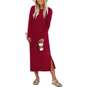 imageANRABESS Long Sleeve Midi Dresses for Women Fall Fashion Casual Vacation Crewneck Loose Split Striped Long Tshirts DressRed