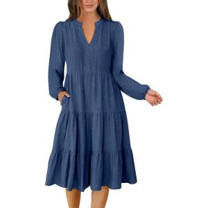 imageANRABESS Long Sleeve Midi Dresses for Women V Neck 2025 Fall Fashion Casual Loose Fit Flowy Swing Tiered Vacation Boho DressBlue