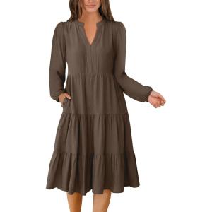 imageANRABESS Long Sleeve Midi Dresses for Women V Neck 2025 Fall Fashion Casual Loose Fit Flowy Swing Tiered Vacation Boho DressCoffee