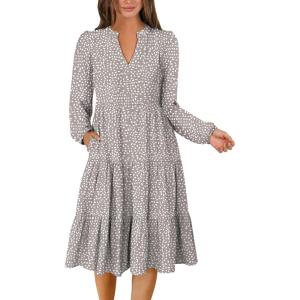 imageANRABESS Long Sleeve Midi Dresses for Women V Neck 2025 Fall Fashion Casual Loose Fit Flowy Swing Tiered Vacation Boho DressKhaki Polka Dot
