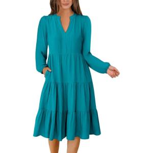 imageANRABESS Long Sleeve Midi Dresses for Women V Neck 2025 Fall Fashion Casual Loose Fit Flowy Swing Tiered Vacation Boho DressLake Green