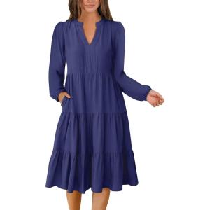 imageANRABESS Long Sleeve Midi Dresses for Women V Neck 2025 Fall Fashion Casual Loose Fit Flowy Swing Tiered Vacation Boho DressNavy Blue