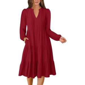 imageANRABESS Long Sleeve Midi Dresses for Women V Neck 2025 Fall Fashion Casual Loose Fit Flowy Swing Tiered Vacation Boho DressRed