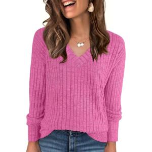 imageANRABESS Long Sleeve Shirts for Women V Neck Casual Fall Tops Loose Fit Lightweight Sweaters Tunic Fashion 2025 ClothesHot Pink