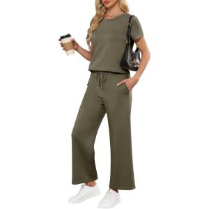 imageANRABESS Women 2 Piece Lounge Sets Summer Travel Sweat Outfits Short Sleeve Wide Leg Casual Matching Tracksuits ClothesArmy Green
