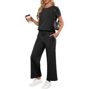 imageANRABESS Women 2 Piece Lounge Sets Summer Travel Sweat Outfits Short Sleeve Wide Leg Casual Matching Tracksuits ClothesBlack