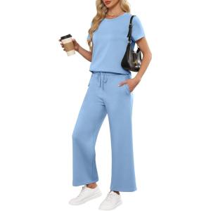 imageANRABESS Women 2 Piece Lounge Sets Summer Travel Sweat Outfits Short Sleeve Wide Leg Casual Matching Tracksuits ClothesBlue