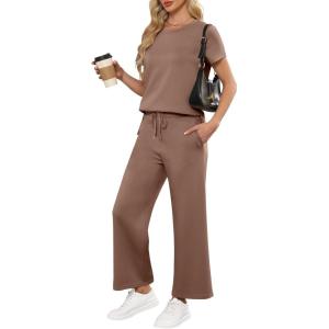 imageANRABESS Women 2 Piece Lounge Sets Summer Travel Sweat Outfits Short Sleeve Wide Leg Casual Matching Tracksuits ClothesBrown