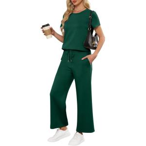 imageANRABESS Women 2 Piece Lounge Sets Summer Travel Sweat Outfits Short Sleeve Wide Leg Casual Matching Tracksuits ClothesDeep Green