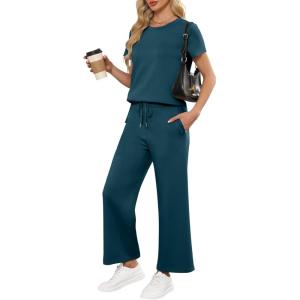 imageANRABESS Women 2 Piece Lounge Sets Summer Travel Sweat Outfits Short Sleeve Wide Leg Casual Matching Tracksuits ClothesLake Green