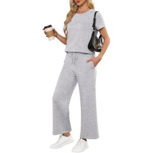 imageANRABESS Women 2 Piece Lounge Sets Summer Travel Sweat Outfits Short Sleeve Wide Leg Casual Matching Tracksuits ClothesLight Grey