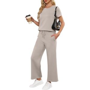 imageANRABESS Women 2 Piece Lounge Sets Summer Travel Sweat Outfits Short Sleeve Wide Leg Casual Matching Tracksuits ClothesLight Khaki