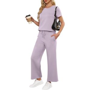 imageANRABESS Women 2 Piece Lounge Sets Summer Travel Sweat Outfits Short Sleeve Wide Leg Casual Matching Tracksuits ClothesLight Purple