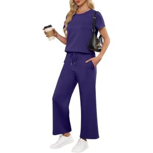 imageANRABESS Women 2 Piece Lounge Sets Summer Travel Sweat Outfits Short Sleeve Wide Leg Casual Matching Tracksuits ClothesNavy Blue