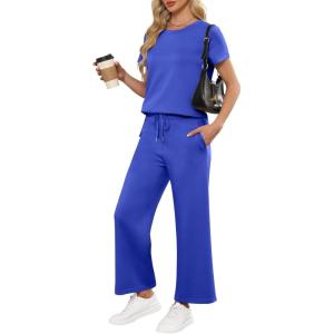 imageANRABESS Women 2 Piece Lounge Sets Summer Travel Sweat Outfits Short Sleeve Wide Leg Casual Matching Tracksuits ClothesRoyal Blue