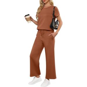 imageANRABESS Women 2 Piece Lounge Sets Summer Travel Sweat Outfits Short Sleeve Wide Leg Casual Matching Tracksuits ClothesRust