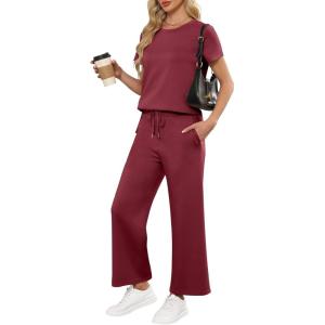 imageANRABESS Women 2 Piece Lounge Sets Summer Travel Sweat Outfits Short Sleeve Wide Leg Casual Matching Tracksuits ClothesWine Red