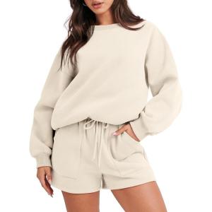 imageANRABESS Women 2 Piece Outfits Sweat Shorts Sets 2025 Oversized Casual Lounge Matching Set Sweatsuit Tracksuit Fall ClothesBeige