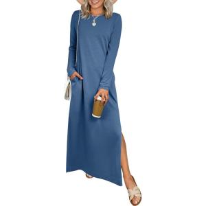 imageANRABESS Women Long Sleeve Dresses 2025 Fall Casual Crewneck Loose Fit Split Flowy WrinkleFree Travel Vacation Maxi DressDeep Blue
