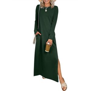imageANRABESS Women Long Sleeve Dresses 2025 Fall Casual Crewneck Loose Fit Split Flowy WrinkleFree Travel Vacation Maxi DressDeep Green