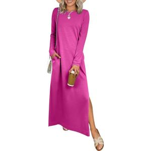 imageANRABESS Women Long Sleeve Dresses 2025 Fall Casual Crewneck Loose Fit Split Flowy WrinkleFree Travel Vacation Maxi DressHot Pink