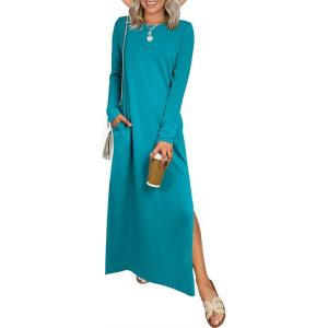 imageANRABESS Women Long Sleeve Dresses 2025 Fall Casual Crewneck Loose Fit Split Flowy WrinkleFree Travel Vacation Maxi DressLake Blue