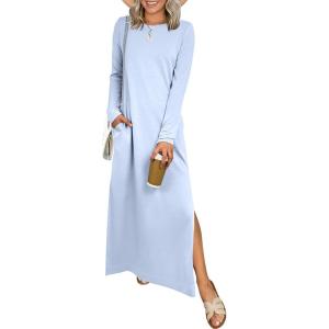 imageANRABESS Women Long Sleeve Dresses 2025 Fall Casual Crewneck Loose Fit Split Flowy WrinkleFree Travel Vacation Maxi DressLight Blue